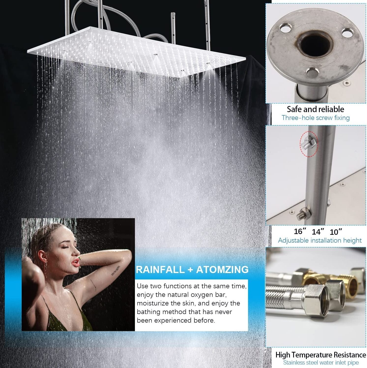 Brushed Nickel Bathroom Shower System Ceiling Mount 16 Inches Thermostatic Shower Set Bathroom Shower Faucet