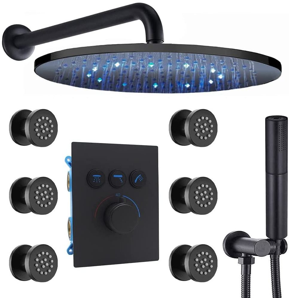 Matte Black Ceiling Shower Faucets Sets Complete Thermostatic LED Full Body Shower System