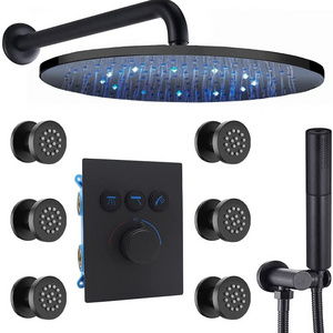 Matte Black Ceiling Shower Faucets Sets Complete Thermostatic LED Full Body Shower System