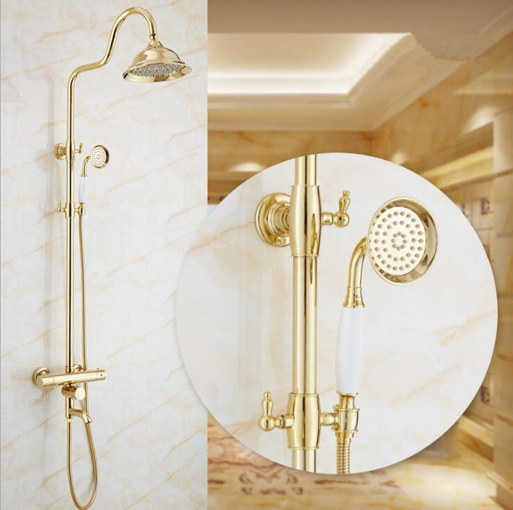 Luxury Gold Shower Systems with Rotatable Bathtub Faucet and Hand Held Shower