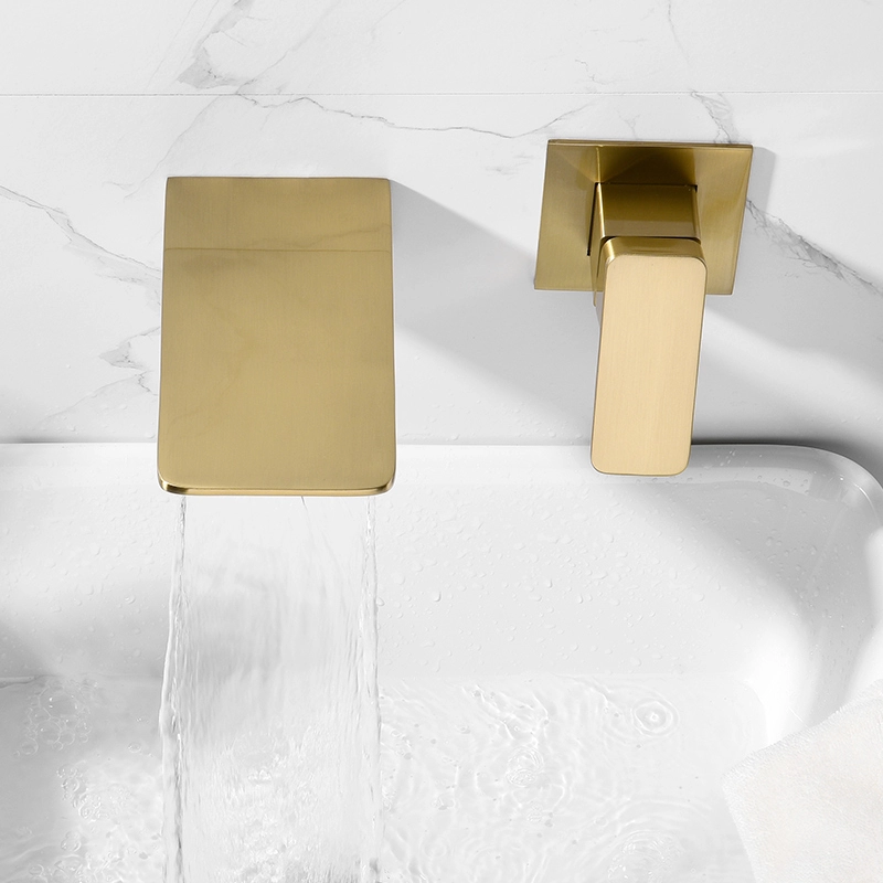 Brushed gold  Wall mounted waterfall basin faucet with drain