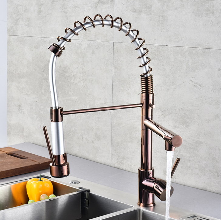 Rose Gold Spring Kitchen Faucet Pull Out Sink Faucet Hot Cold Mixer