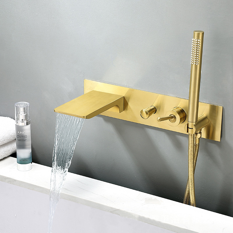 Brushed Gold  Bathtub Faucet Set Wall Mount Waterfall Bath Faucet with Handheld Shower