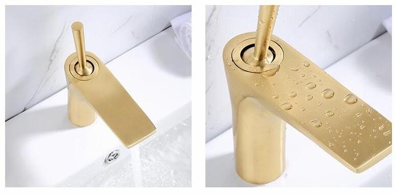 Brushed Gold Sink Tap Hot Cold Push Handle Basin Faucet