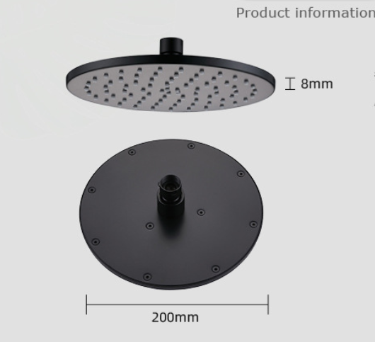 Black 8 Inches Rainfall Shower Head Brass Shower Head Round