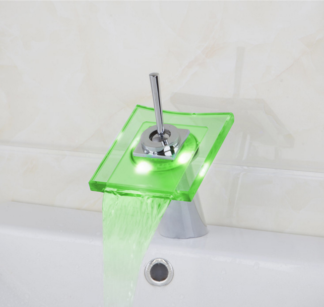 Modern LED Light Glass Waterfall Spout Single Hole Bathroom basin Sink Faucet