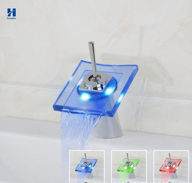 Modern LED Light Glass Waterfall Spout Single Hole Bathroom basin Sink Faucet