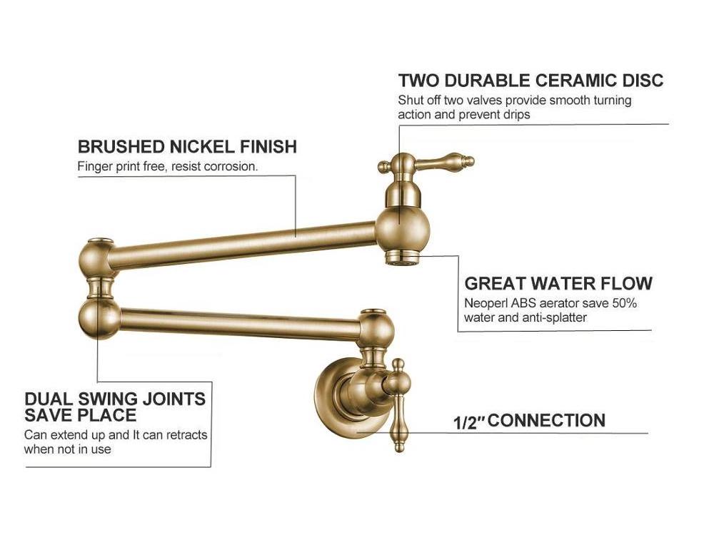 Wall Mount Water Mixer Stretchable Brass Brushed Gold Folding Kitchen Faucet Tap