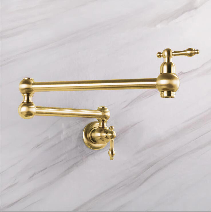 Wall Mount Water Mixer Stretchable Brass Brushed Gold Folding Kitchen Faucet Tap