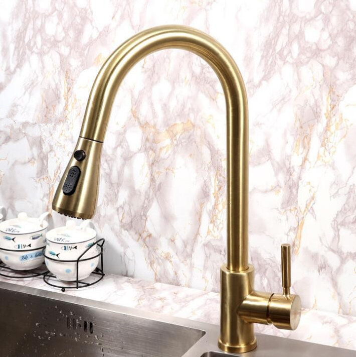 Brushed Gold Kitchen Tap Single Lever Sink Faucet With Spray