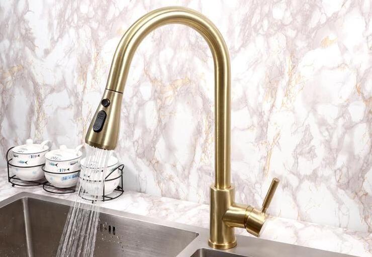 Brushed Gold Kitchen Tap Single Lever Sink Faucet With Spray