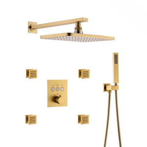 Brushed Gold rainfall bathroom thermostatic Shower System shower faucet with body jet