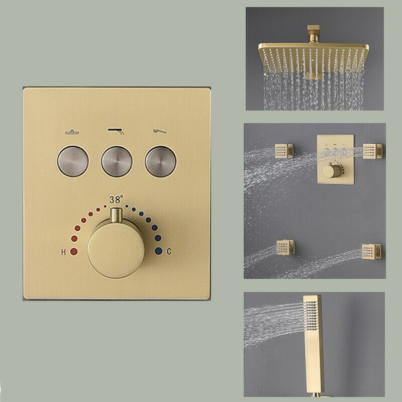 Brushed Gold rainfall bathroom thermostatic Shower System shower faucet with body jet