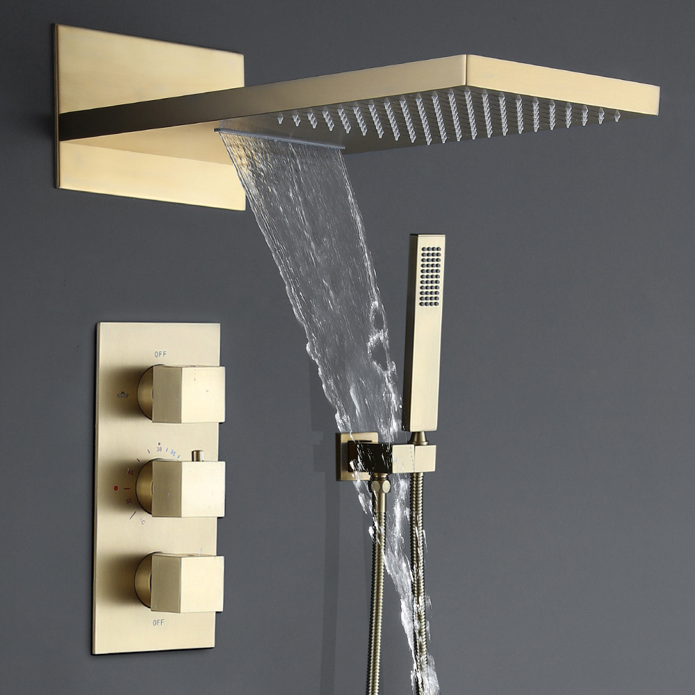 Brushed gold Shower System with Waterfall Tub Spout Shower Faucet Set