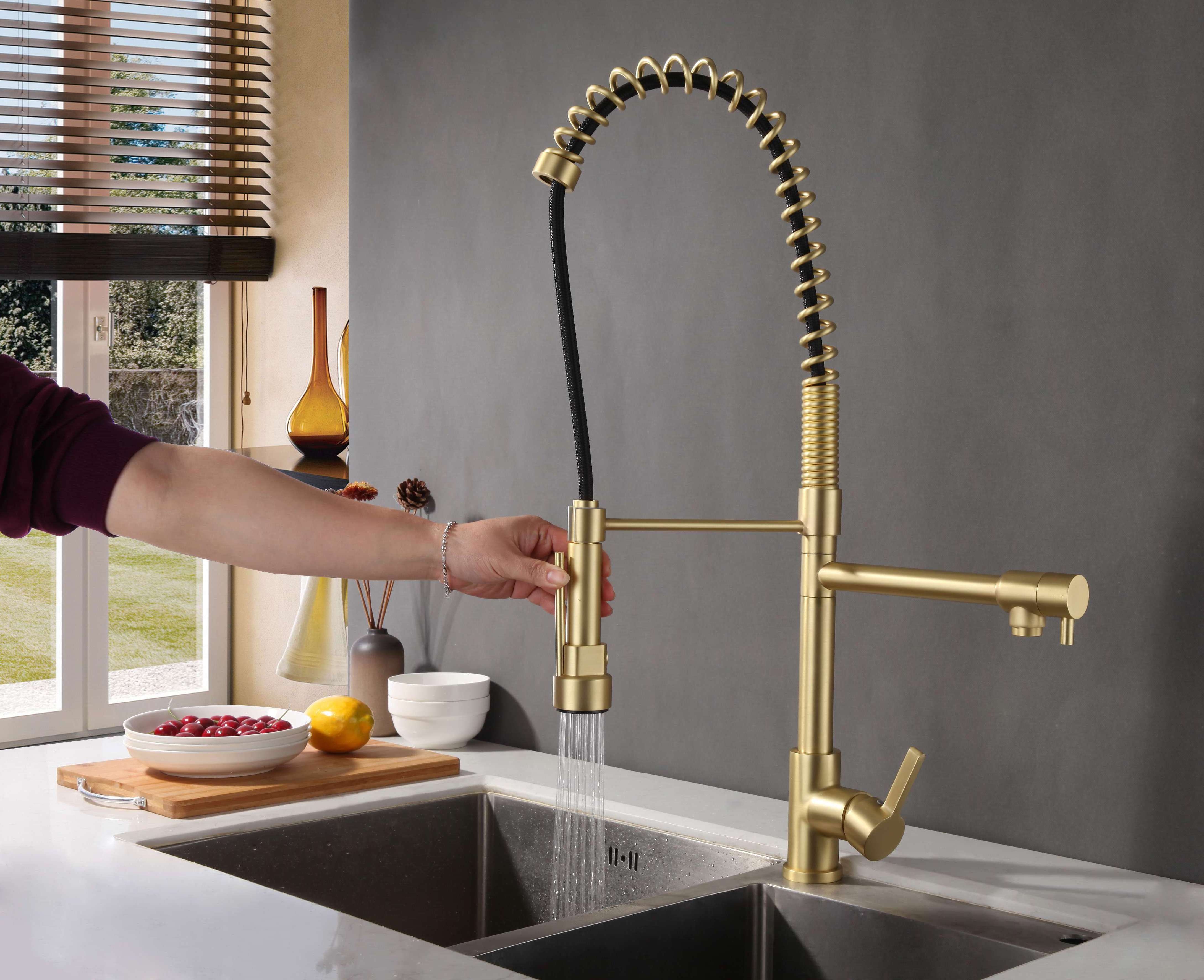 Brushed Gold Brass Taps Sink Pull Down Kitchen Faucet