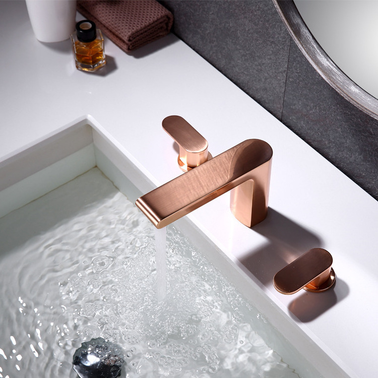 2 Handle Widespread Brass Bathroom Faucet Brushed Rose Gold Bathroom Sink Faucet