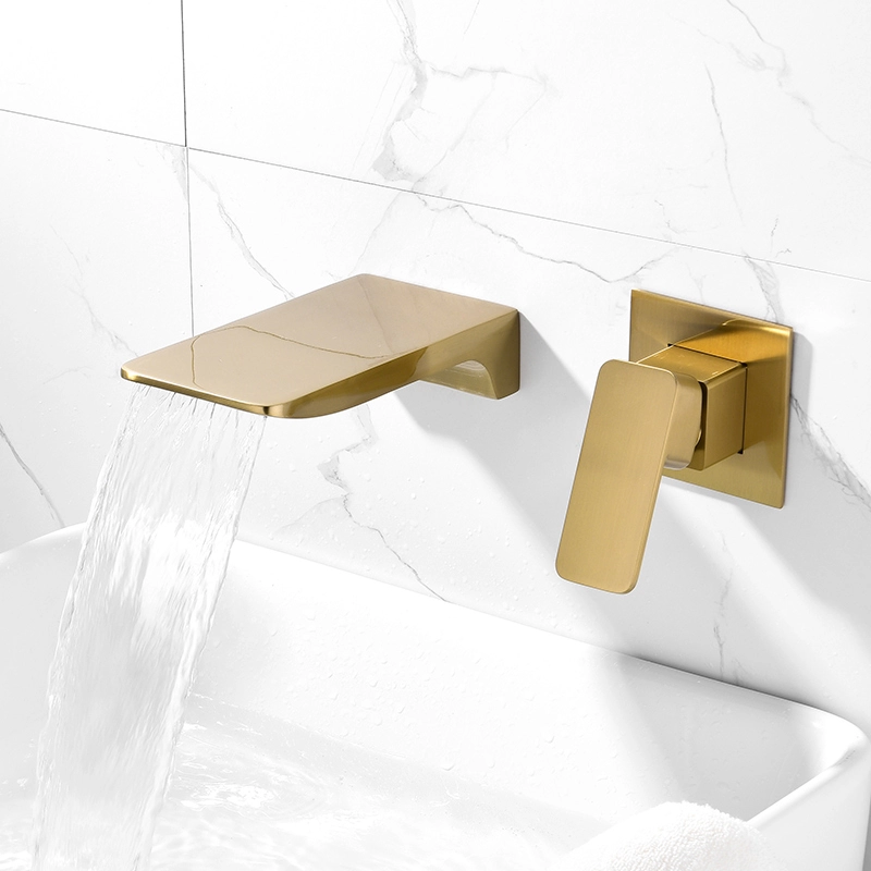 Brushed gold  Wall mounted waterfall basin faucet with drain