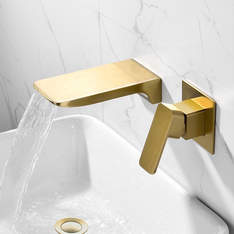 Brushed gold  Wall mounted waterfall basin faucet with drain