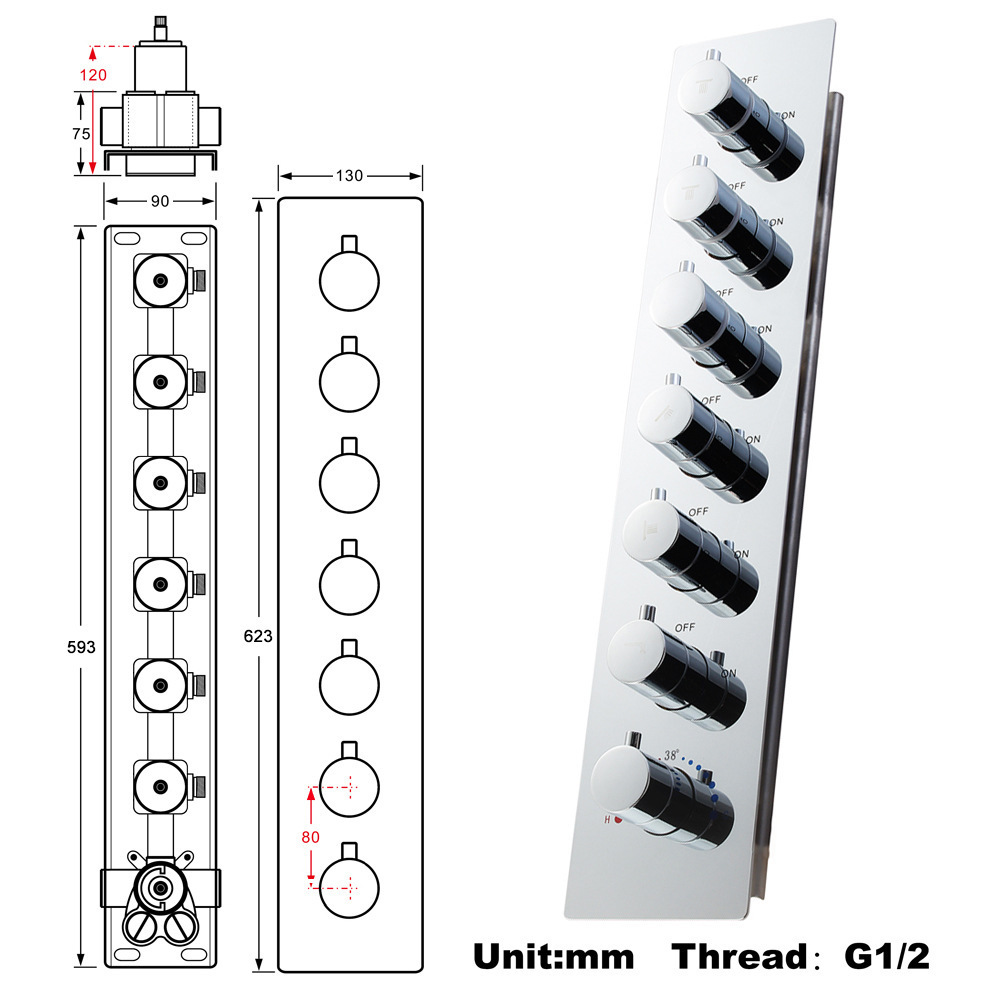 Solid Brass Shower Diverter 6 Functions Thermostatic Valve Pressure Balanced Mixer with Trim