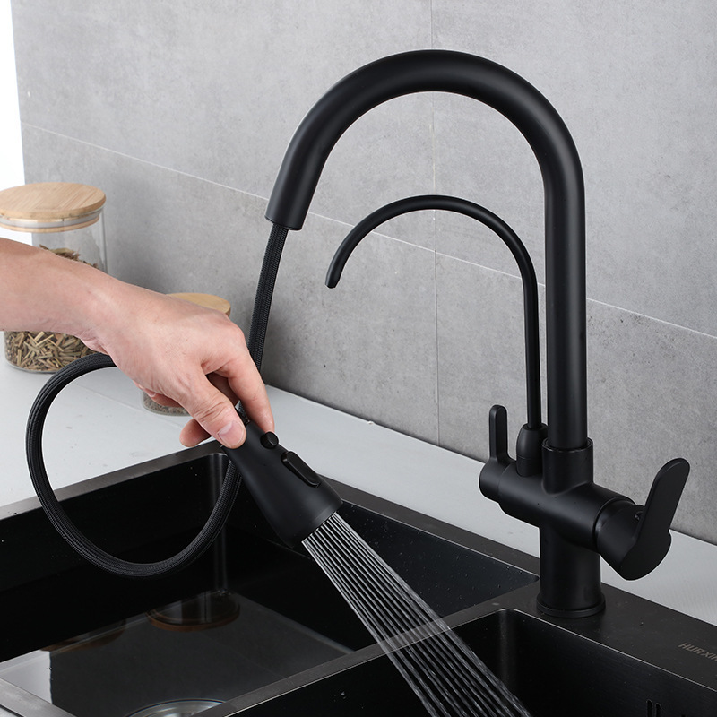 Double spout Black Water filter function 3-way Pull Out Kitchen faucets