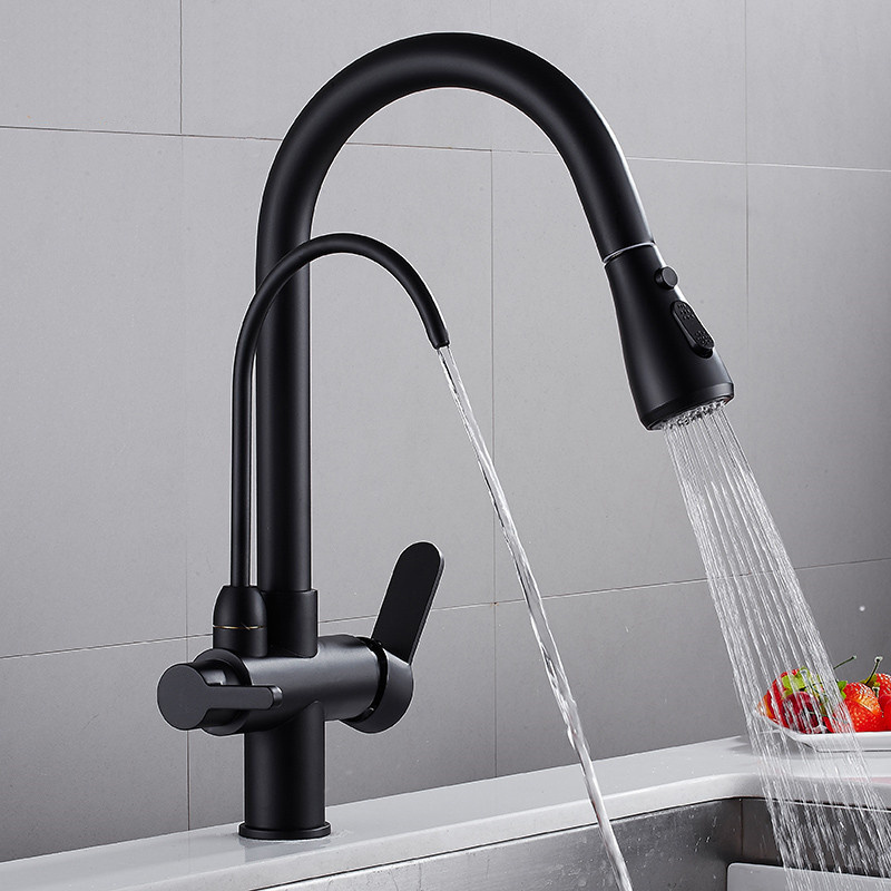 Double spout Black Water filter function 3-way Pull Out Kitchen faucets