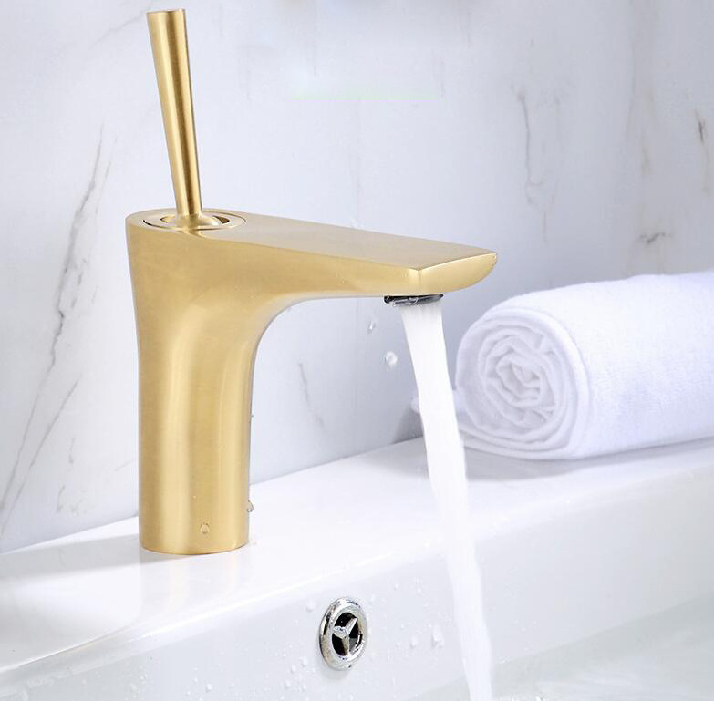 Brushed Gold Sink Tap Hot Cold Push Handle Basin Faucet