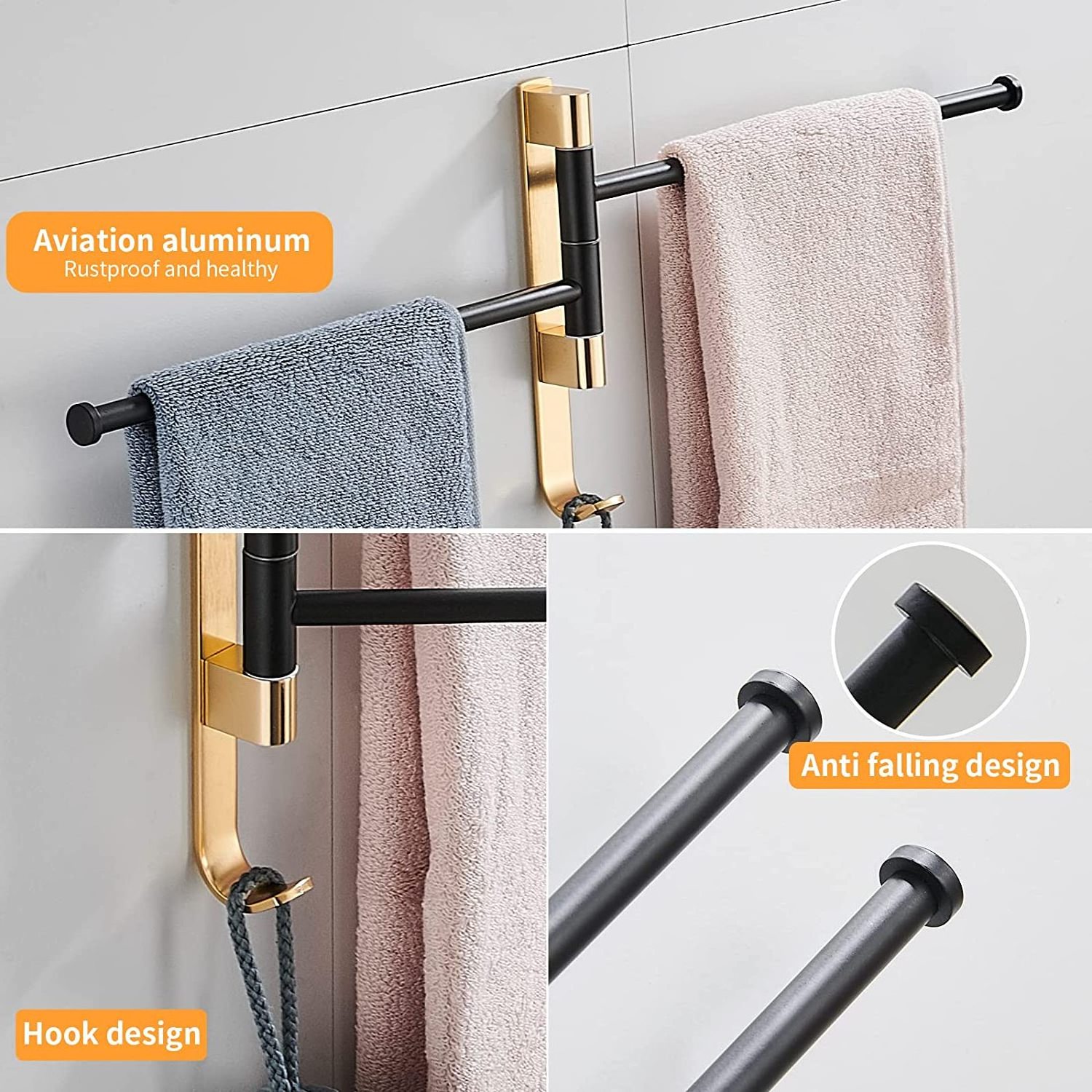 Black Gold Wall Mounted Bathroom Towel Rack Folding Towel Rack Bathroom Towel Hanger