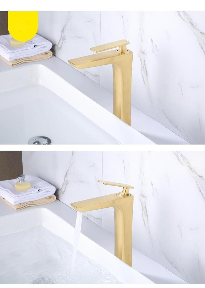 Tall Brushed Gold Basin Faucet Hot Cold Mixer Single Handle Bathroom Faucet