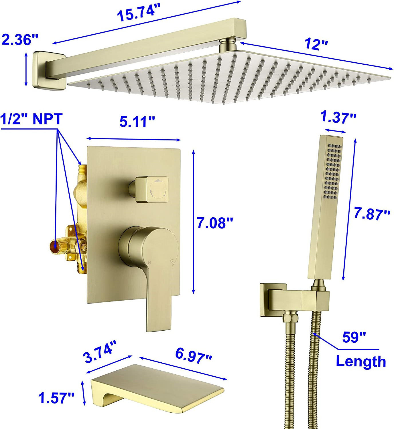 Brushed Gold Shower System Rain Shower Faucet Sets Complete