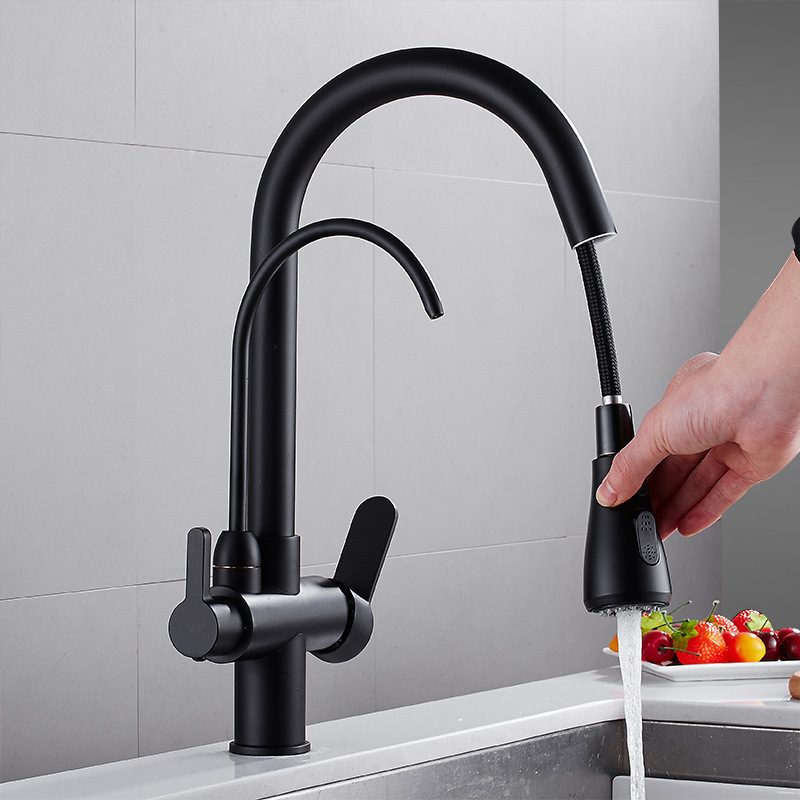 Double spout Black Water filter function 3-way Pull Out Kitchen faucets