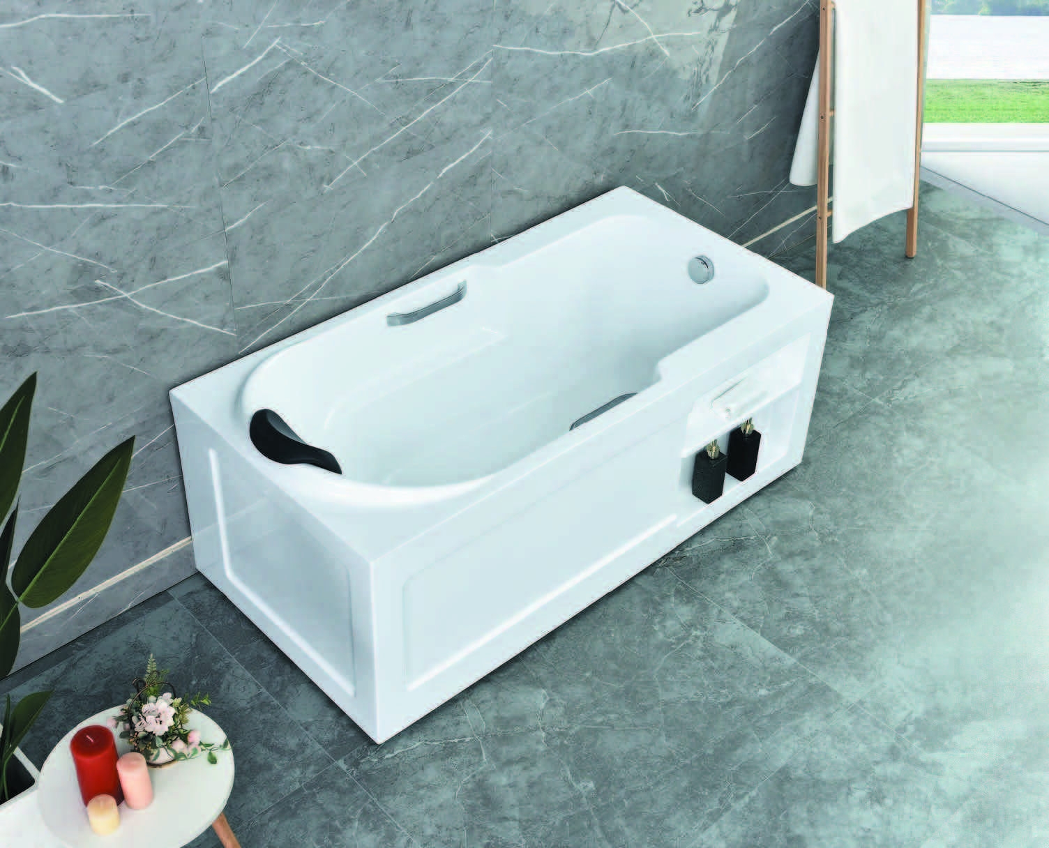 Customize Free Standing  Indoor  Acrylic Bathtub Modern Bathroom Soaking Whirlpool Tub Bathtub With Grab Bars And Storage Space