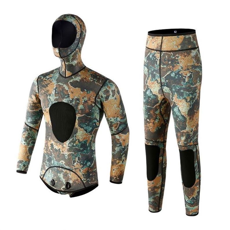 2023 Custom Camo Hooded 2-Piece Durable Stretch Neoprene Diving Suit 3mm Scuba Diving Wet Suit Spearfishing Wetsuit for Men