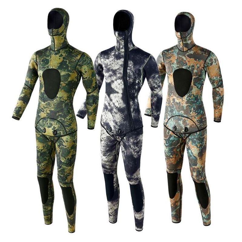 2023 Custom Camo Hooded 2-Piece Durable Stretch Neoprene Diving Suit 3mm Scuba Diving Wet Suit Spearfishing Wetsuit for Men