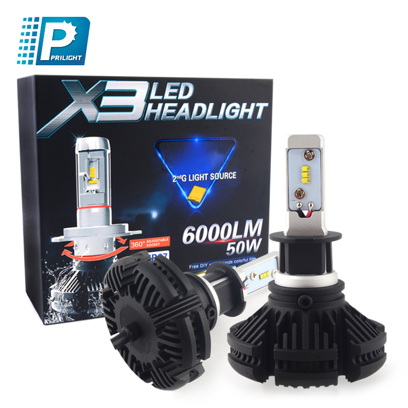 2024 Fanless Car Led Headlight 50w 6000k 6000LM Led Headlight Bulbs X3 H4 H7 Led Headlight Super Bright Auto LED Headlamp