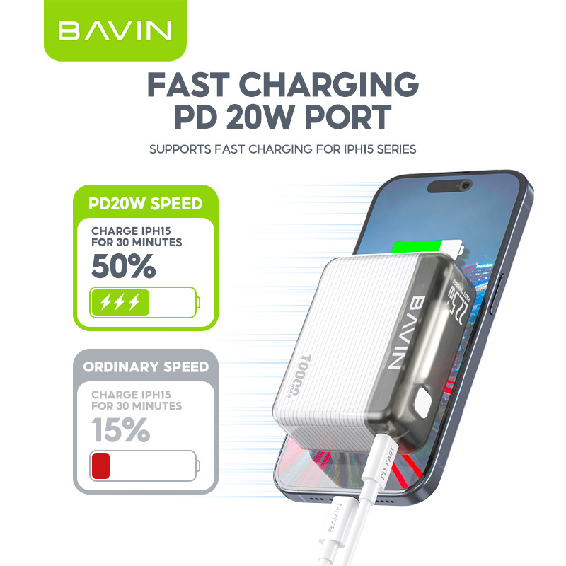 BAVIN transparent pc1021 PD 20W flashlight fast charging small power bank mobile with ac power