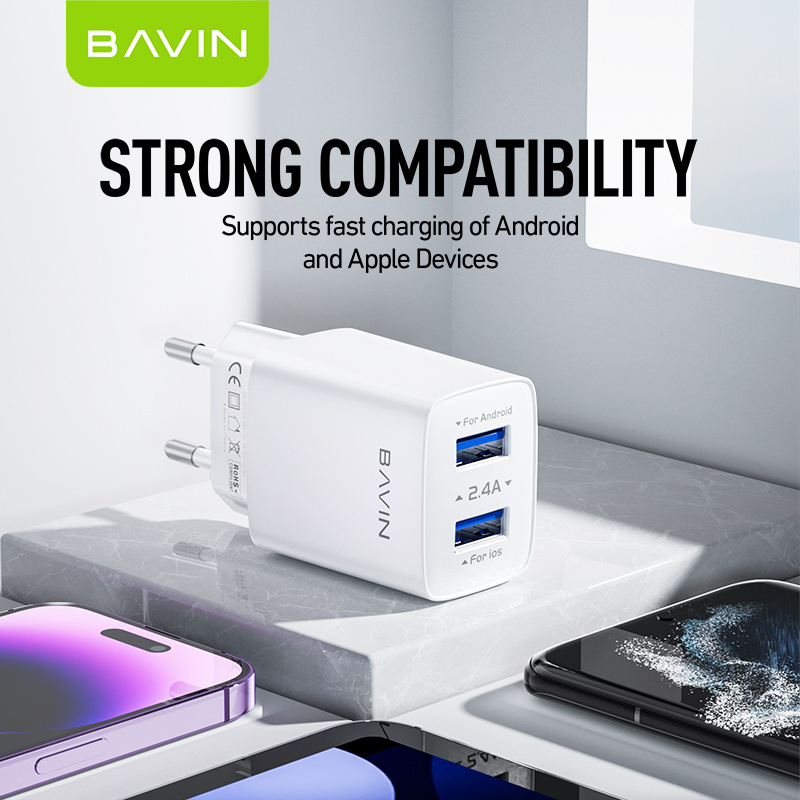 Bavin PC910Y EU 12w 2.4a wholesale android dual usb wall portable cell mobile phone fast chargers