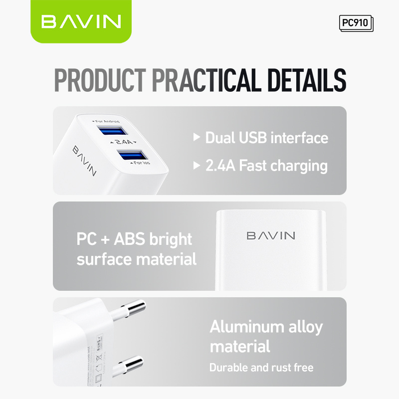 Bavin PC910Y EU 12w 2.4a wholesale android dual usb wall portable cell mobile phone fast chargers