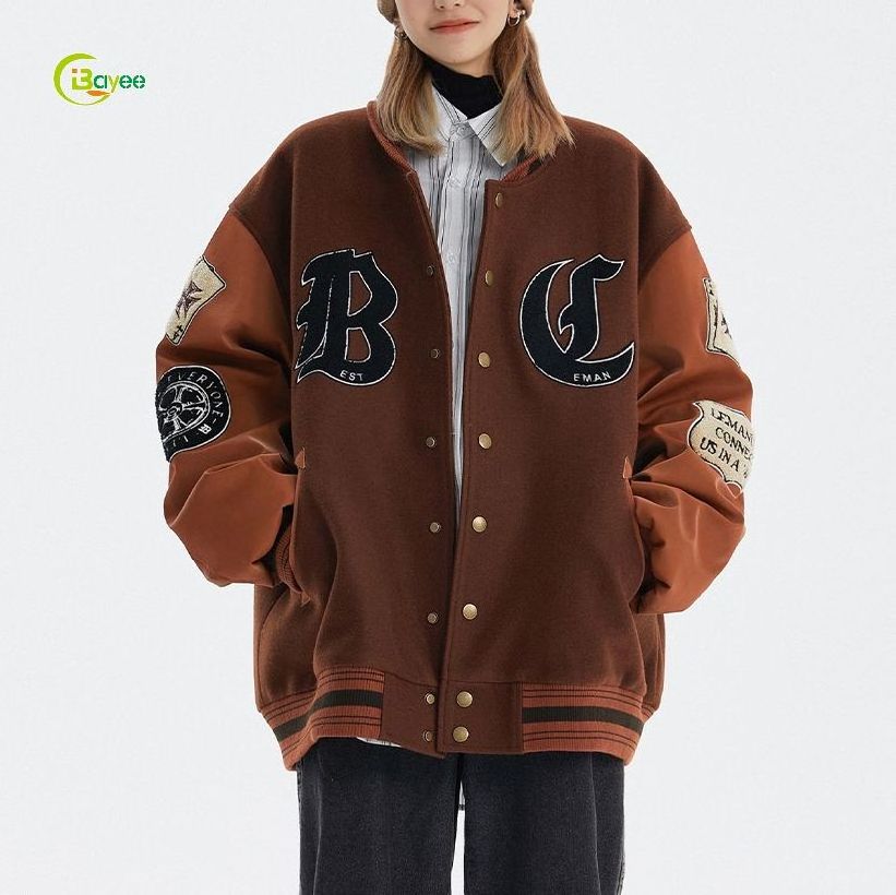 Custom Plus Size Womens Wool Fleece Streetwear Varsity Jacket Men Black Letterman Jacket Black And Orange With Patches