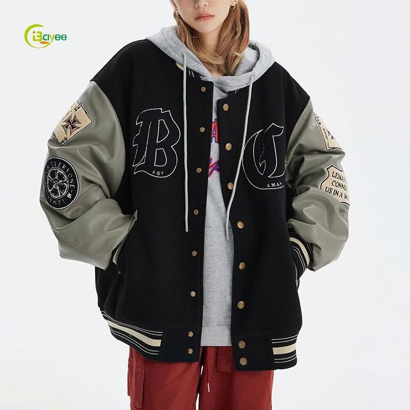 Custom Plus Size Womens Wool Fleece Streetwear Varsity Jacket Men Black Letterman Jacket Black And Orange With Patches