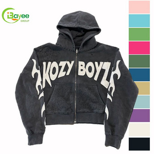 Custom Logo Washed Heavy Weight Zip Up Distressed Embroidered Hoodies Cotton Satin Lined Acid Wash Cropped Full Zip Hoodie Men