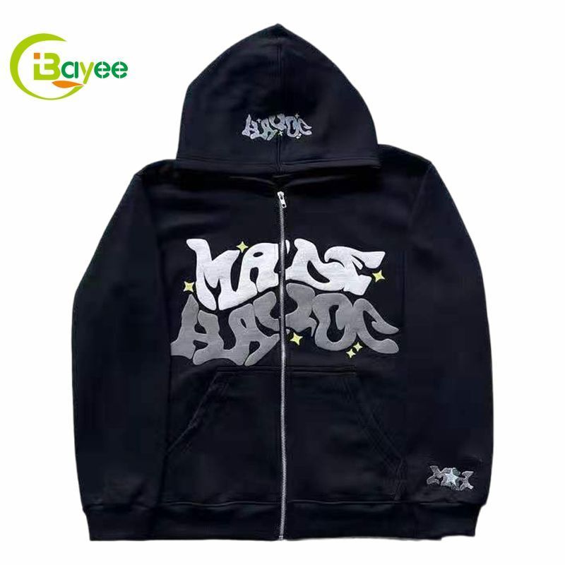 Custom 380 Gsm Organic Cotton Zipper Hoodies Heavyweight Full Zip Up Hoodie Puff Print Design