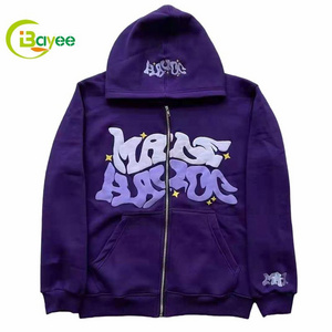 Custom 380 Gsm Organic Cotton Zipper Hoodies Heavyweight Full Zip Up Hoodie Puff Print Design