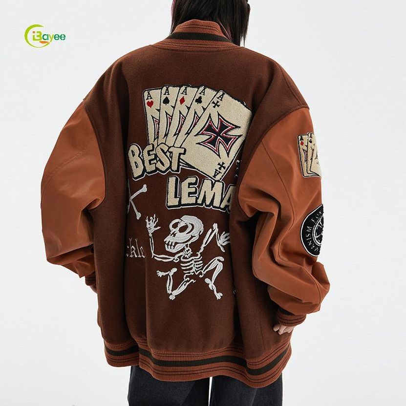 Custom Plus Size Womens Wool Fleece Streetwear Varsity Jacket Men Black Letterman Jacket Black And Orange With Patches