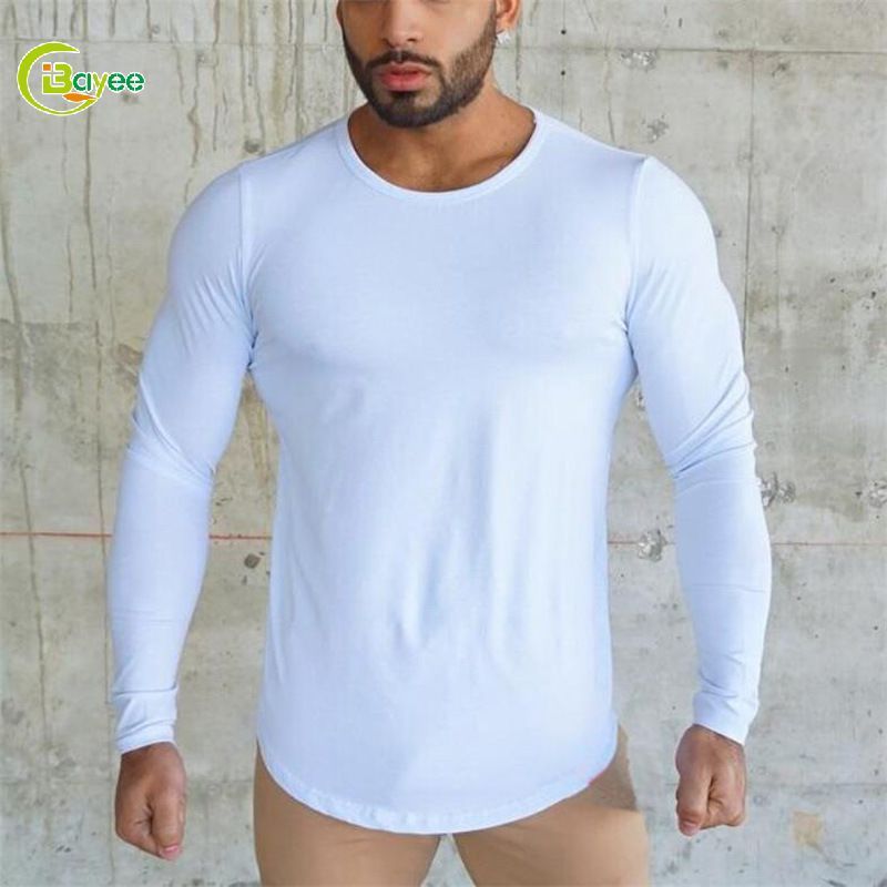 Custom Logo Dropshipping Sportswear Casual Plus Size Long Sleeve Men Highly Elastic Cotton Fit Training Muscle Gym T Shirt