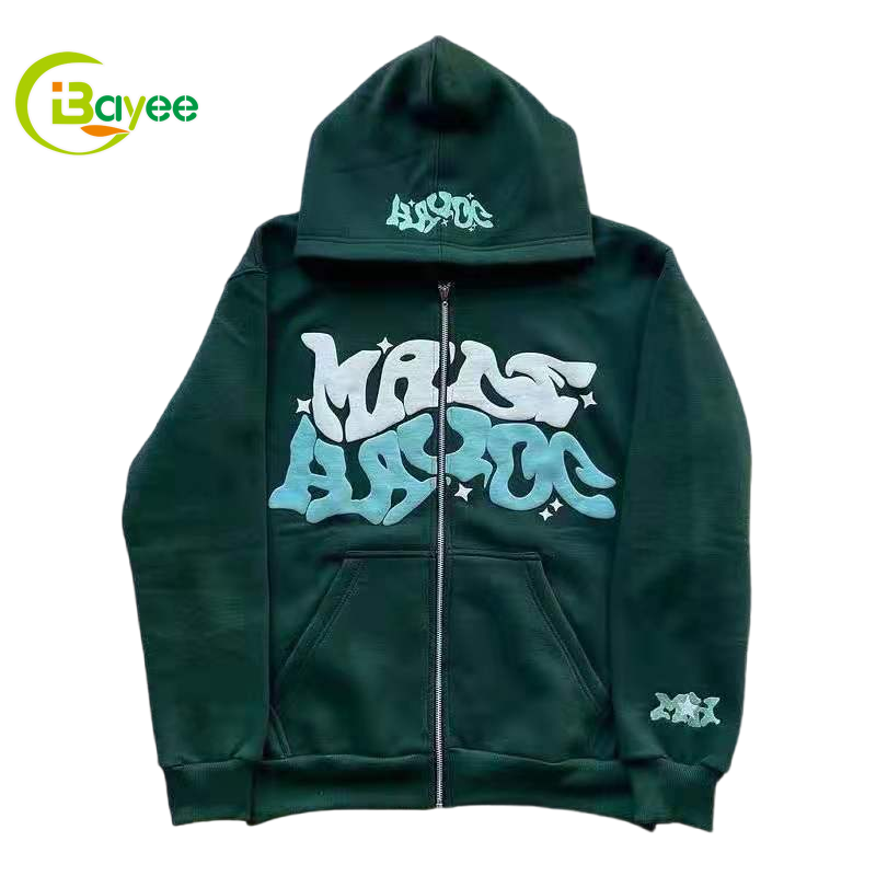 Custom 380 Gsm Organic Cotton Zipper Hoodies Heavyweight Full Zip Up Hoodie Puff Print Design