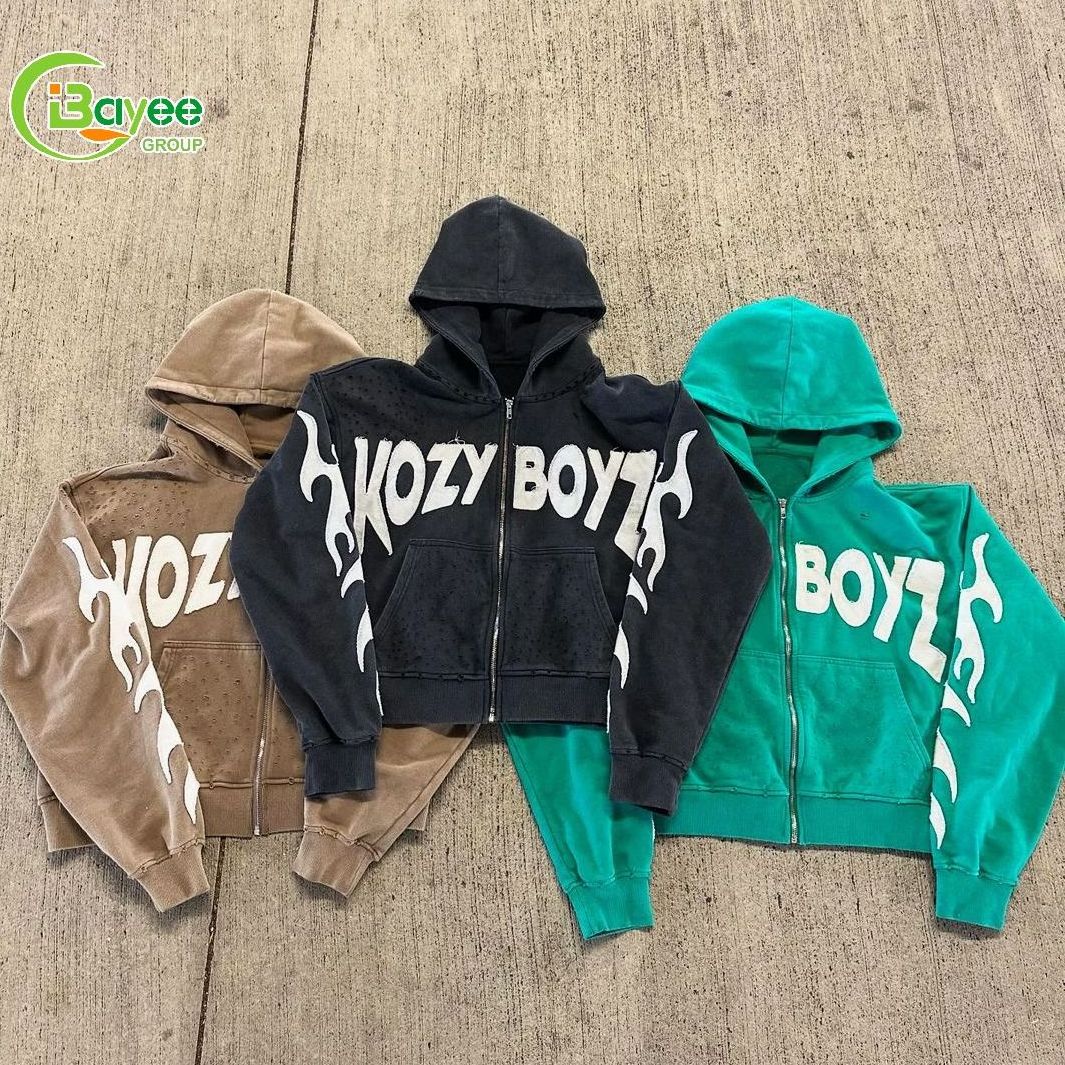 Custom Logo Washed Heavy Weight Zip Up Distressed Embroidered Hoodies Cotton Satin Lined Acid Wash Cropped Full Zip Hoodie Men