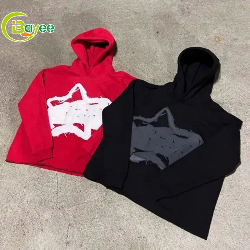 Factory Custom French Terry Hoodies 100% Cotton Puff Print Cut Edge Mens Cropped Hoodie No String Raw Hem Hoodie