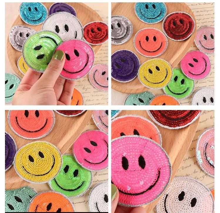 Sequin Smiley Face Heat Press Patches Iron On Patch For Clothing