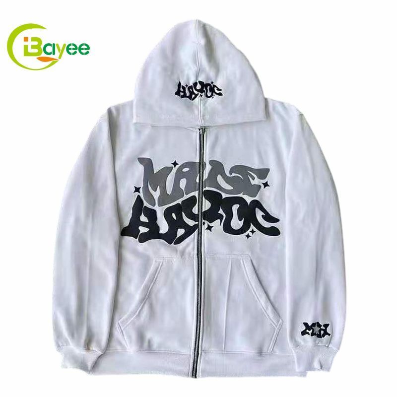 Custom 380 Gsm Organic Cotton Zipper Hoodies Heavyweight Full Zip Up Hoodie Puff Print Design