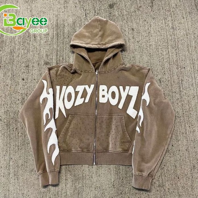 Custom Logo Washed Heavy Weight Zip Up Distressed Embroidered Hoodies Cotton Satin Lined Acid Wash Cropped Full Zip Hoodie Men